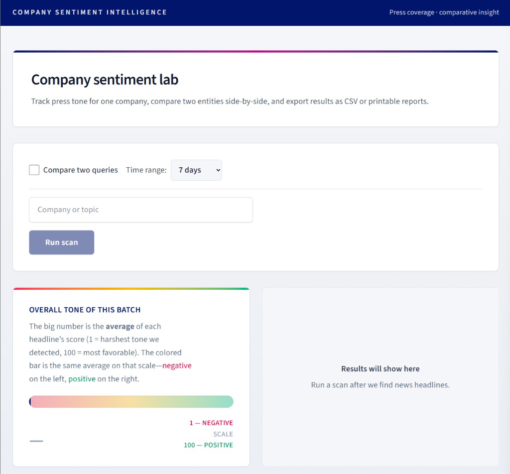 Screenshot of Company Sentiment Analyzer — results dashboard with headline sentiment