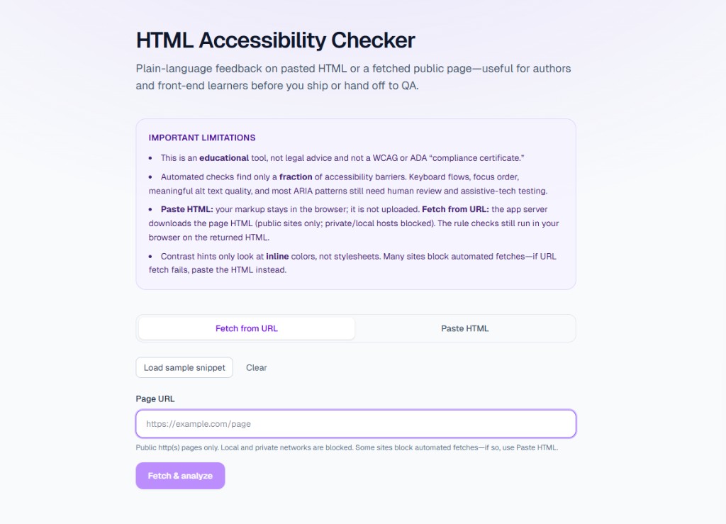 Screenshot of HTML Accessibility Checker — fetch/paste UI and analysis results